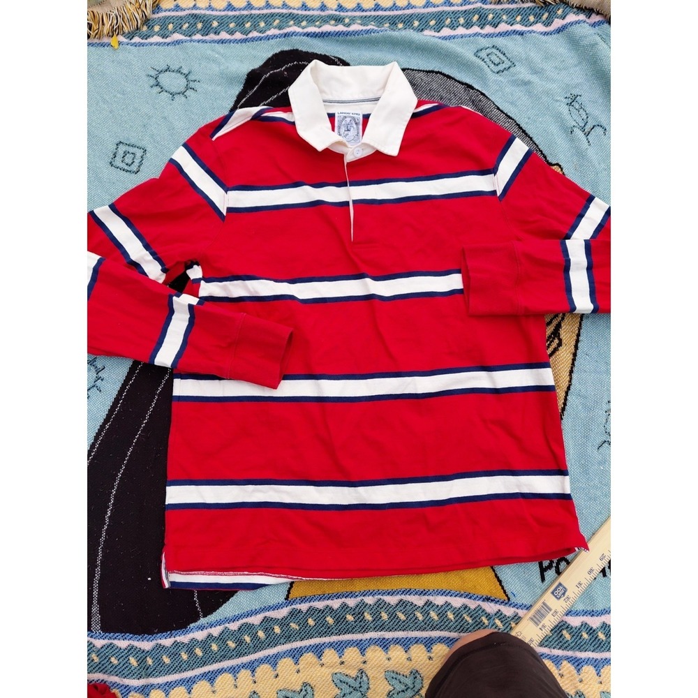 Vintage Lands End Rugby Shirt Mens Large 42-44 Red Blue White Striped Polo